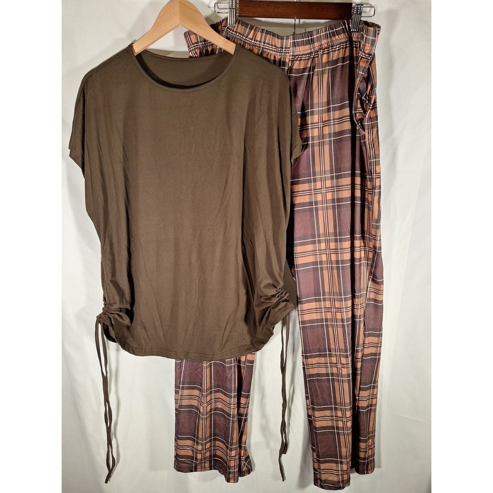 Brown Plaid 2 Piece Lounge Set Ruched Side Top & Pants Plus Size 3XL New